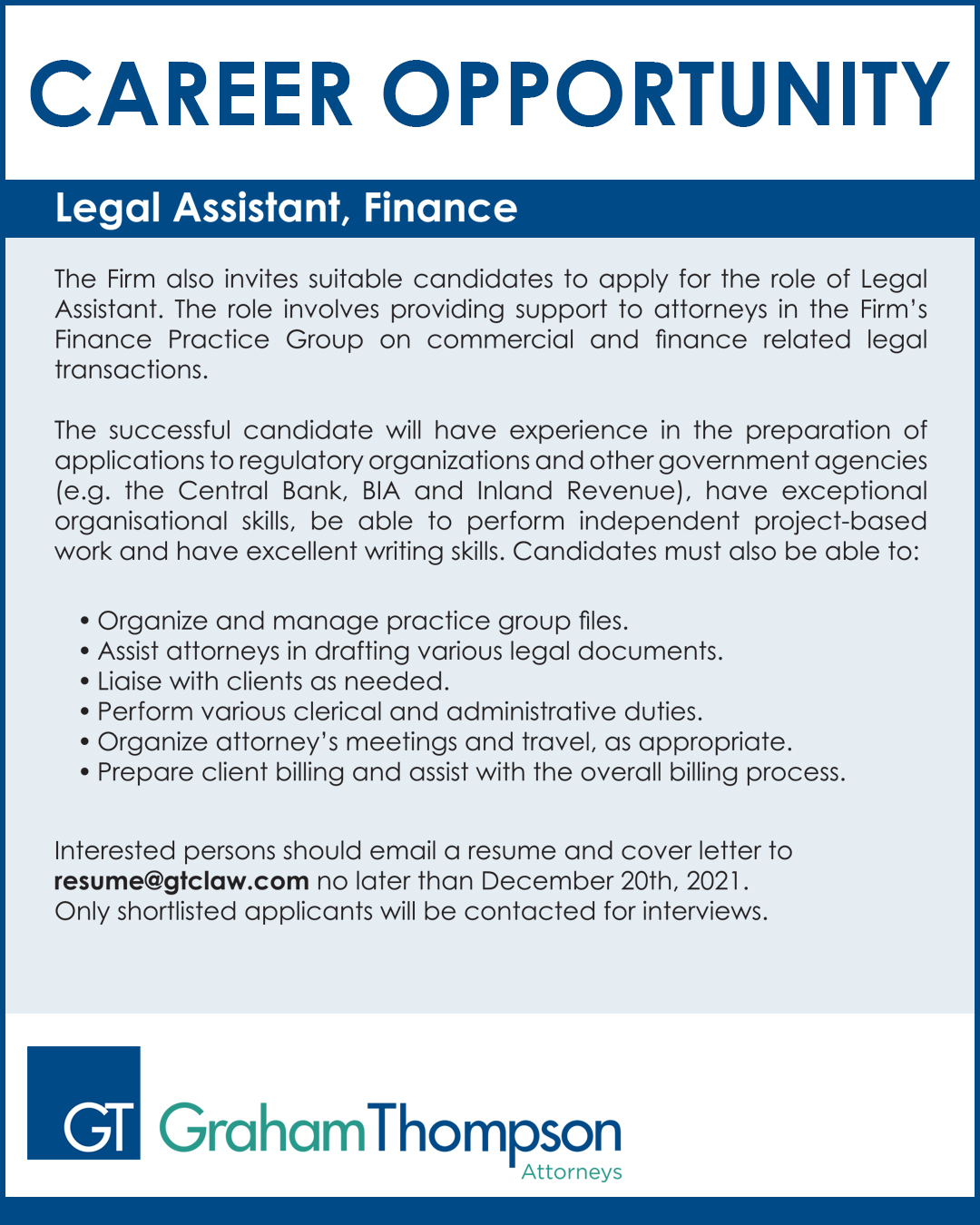 CAREER OPORTUNITY, LEGAL ASSISTANT, FINANCE